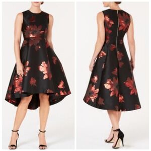 Calvin Klein Black Red Metallic Jacquard Sleeveless Fit Flare Dress Size 2